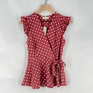 Monteau Pink Polka Dot Ruffle Cap Sleeve Faux Wrap V-Neck Tie Waist Blouse M‎